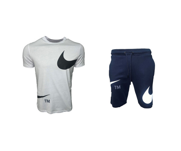 Мъжки спортен къс комплект Nike Swoosh  Shorts + T-shirt White Dark Blue